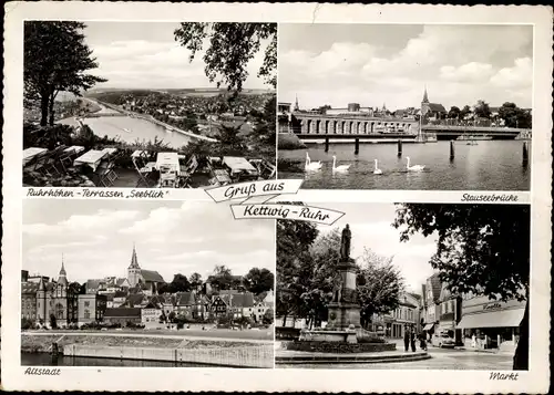 Ak Kettwig Essen im Ruhrgebiet, Ruhrhöhen Terrassen Zum Seeblick, Stauseebrücke, Markt, Schwäne