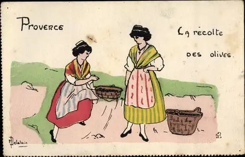 Künstler Ak Delalain, H., Bouches du Rhône, Provence, La recolte des olives