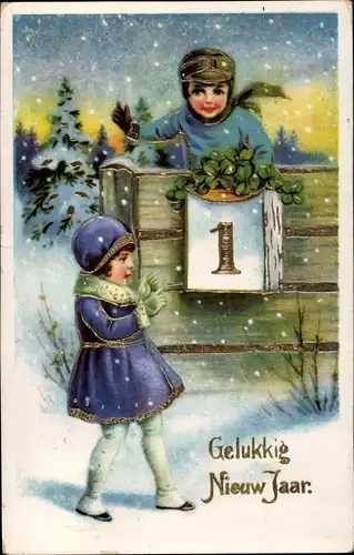 Präge Litho Glückwunsch Neujahr, Junge mit Kleeblättern und Kalender, Mädchen, Schneefall