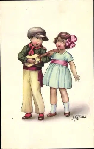 Künstler Ak Collino, A., Singender Junge mit Gitarre und Mädchen