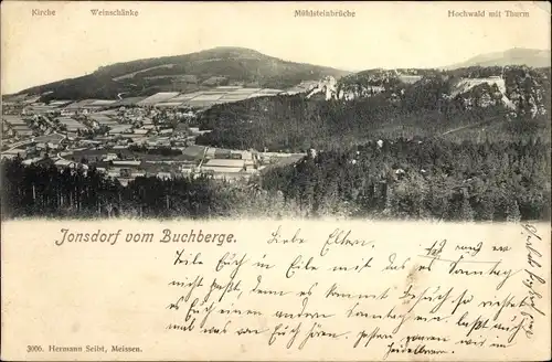 Ak Jonsdorf in Sachsen, Kirche, Weinschänke, Mühlsteinbrücke, Hochwald mit Turm