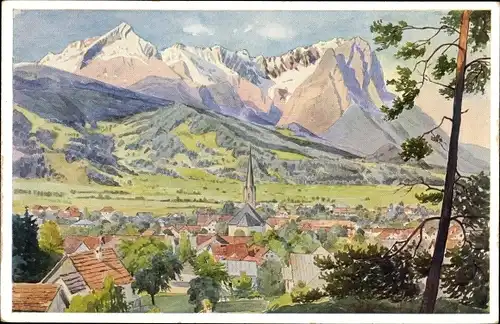 Künstler Ak Garmisch Partenkirchen in Oberbayern, Alpspitze, Höllentalferner, Waxenstein, Zugspitze