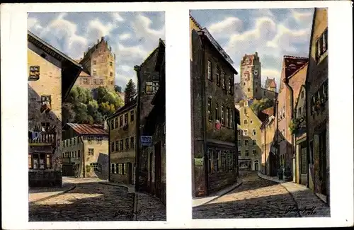 Künstler Ak Marschall, V., Füssen Bayern, Straßenbilder aus der Stadt, Kirchen