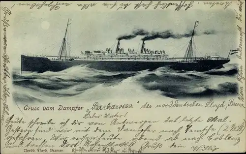 Mondschein Ak Dampfer Barbarossa, Norddeutscher Lloyd Bremen