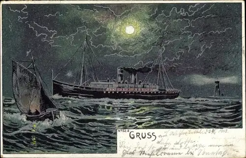 Künstler Litho Dampfer auf See, Nacht, Mondlicht, Leuchtturm