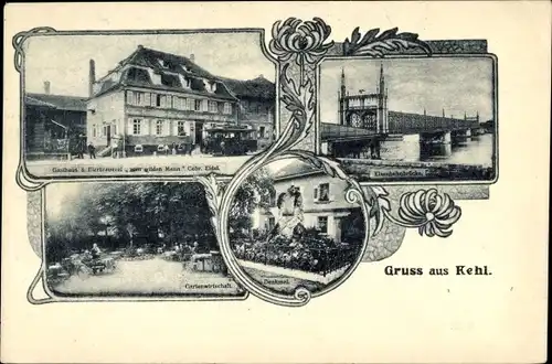 Ak Kehl am Rhein, Gasthaus Bierbrauerei zum wilden Mann, Gartenwirtschaft, Rheinbrücke, Denkmal