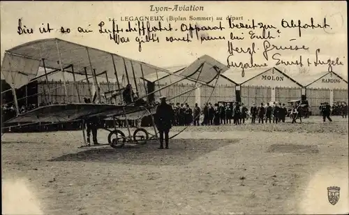Ak Lyon Rhône, Aviation, Legagneux, Biplan au depart