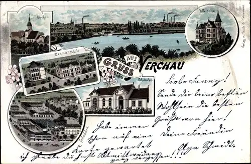 Litho Nerchau Grimma in Sachsen, Schützenhaus, Villa, Beamtenschule, Kirche, Farbenfabrik