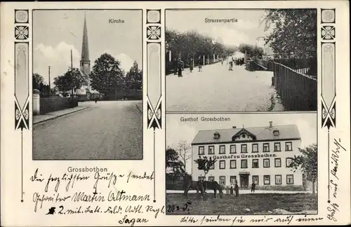 Ak Großbothen Grimma in Sachsen, Kirche, Straßenpartie, Gasthof