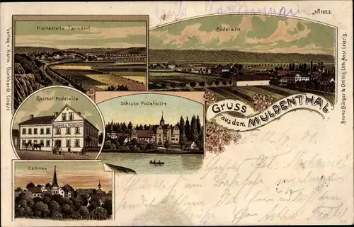 Litho Podelwitz Colditz in Sachsen, Schloss Podelwitz, Gasthof, Collmen, Muldental, Tanndorf