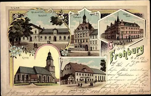 Litho Frohburg in Sachsen, Hotel Post, Rathaus, Bahnhof, Kirche, Gasthof zur grünen Aue