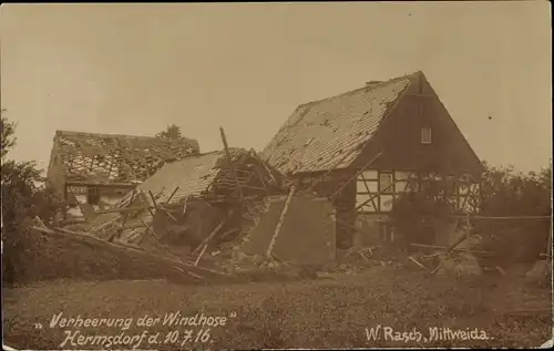 Foto Hermsdorf Rossau in Sachsen, Verheerung der Windhose 10 07 1916, Sturmschäden