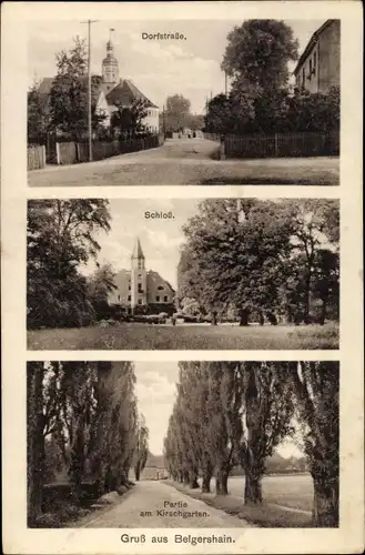 Ak Belgershain in Sachsen, Dorfstraße, Schloss, Partie am Kirschgarten