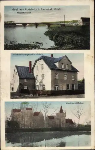 Ak Podelwitz Colditz in Sachsen, Muldenbrücke, Kolonialwarenhandlung, Muldenschlösschen