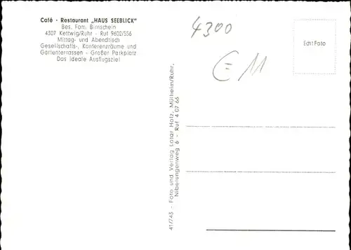 Ak Kettwig Essen im Ruhrgebiet, Café Restaurant Haus Seeblick, Aussen- und Innenansicht