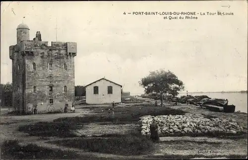 Ak Port Saint Louis du Rhône Bouches du Rhône, La Tour Saint Louis et Quai du Rhône