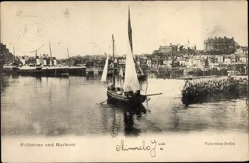 Ak Folkestone Kent England, Harbour, Dampfer, Segelboot