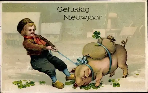 Ak Glückwunsch Neujahr, Junge und Schweinchen, das Glücksklee frisst