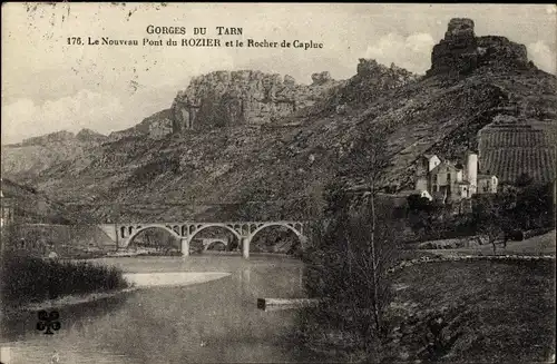 Ak Le Rozier Lozère, Gorges du Tarn, Le Nouveau Pont, Rocher de Capluc