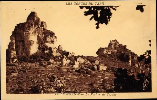 Ak Le Rozier Lozère, Le Rocher de Capluc, Les Gorges du Tarn, Vue generale