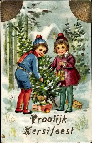 Präge Litho Glückwunsch Weihnachten, Junge und Mädchen mit Tannenbaum