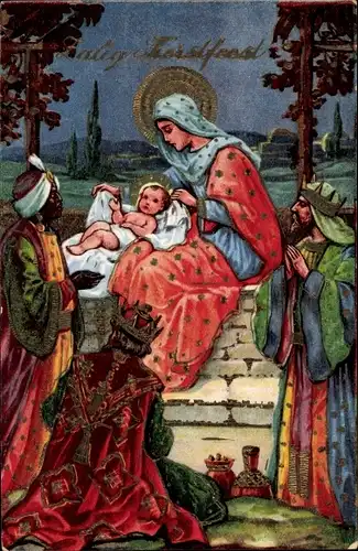 Präge Litho Glückwunsch Weihnachten, Maria mit Christuskind, Heilige Drei Könige