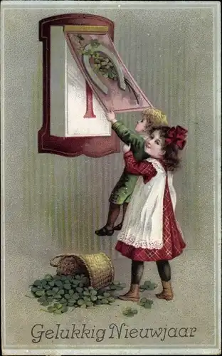 Litho Glückwunsch Neujahr, Junge und Mädchen mit Kalender, Kleeblätter, Hufeisen