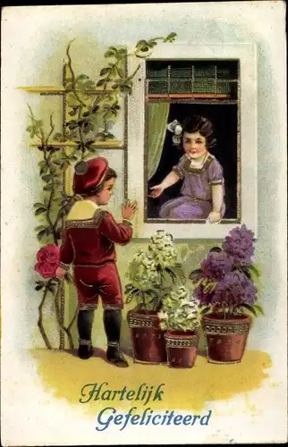 Präge Litho Glückwunsch Geburtstag, Mädchen sitzt im Fenster, Junge im Matrosenanzug, Blumen