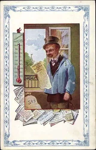 Künstler Ak Mann mit Rechnung, Thermometer