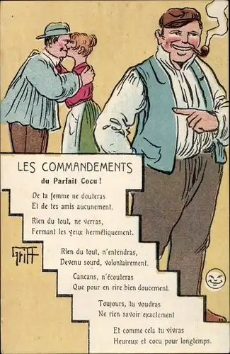 Gedicht Ak Les Commandements du Parfait Cocu, De la femme ne douteras