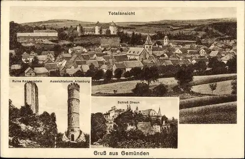 Ak Gemünden im Hunsrück, Gesamtansicht, Ruine Koppenstein, Schloss Dhaun, Aussichtsturm Altenburg