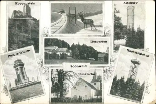Ak Seesbach im Soonwald, Alteburg, Koppenstein, Bismarckturm, Nunkirche, Hochsteinchen, Tiergarten