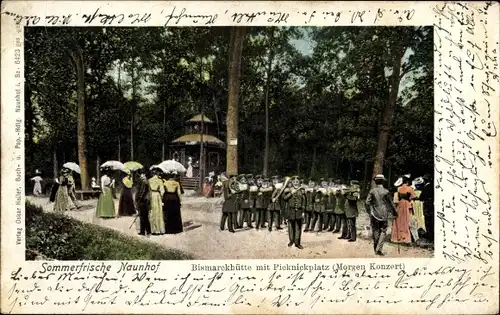 Litho Naunhof im Kreis Leipzig, Bismarckhütte mit Picknickplatz, Morgen Konzert