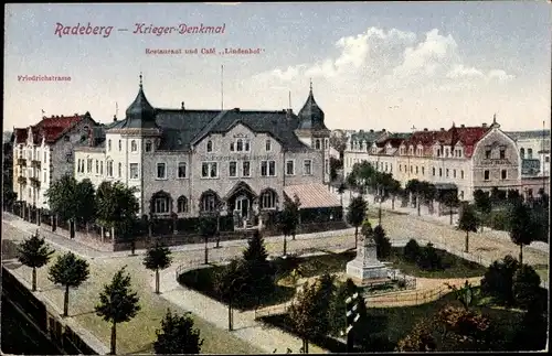 Ak Radeberg Sachsen, Kriegerdenkmal, Gasthaus Lindenhof, Friedrichstraße