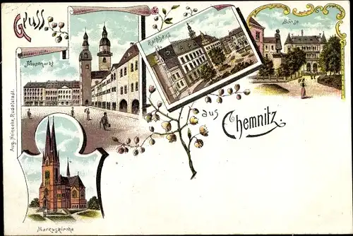 Litho Chemnitz in Sachsen, Markuskirche, Hauptmarkt, Rathaus, Börse