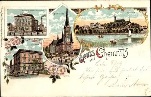 Litho Chemnitz in Sachsen, Petrikirche, Schlossteich, Reichsbank, Lehranstalt