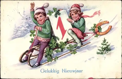 Ak Glückwunsch Neujahr, Schlittenfahrt, Hufeisen, Glücksklee, Tannenbaum