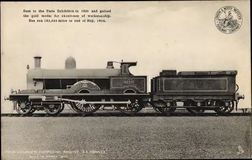Ak Britische Eisenbahn, Four Cylinder Compound Engine La France, Tender 4000, LNWR