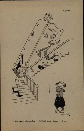 Künstler Ak Equipe, Junge und Mann tragen Tisch die Treppe herunter