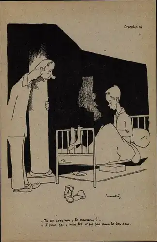Künstler Ak Orientation, Mann sucht sein Bett