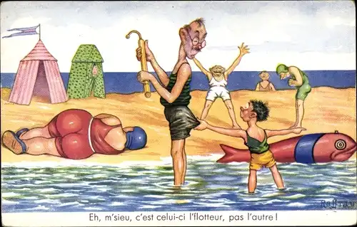 Künstler Ak Partie am Strand, Eh, m'sieu, c'est celui-ci l'flotteur, pas l'autre