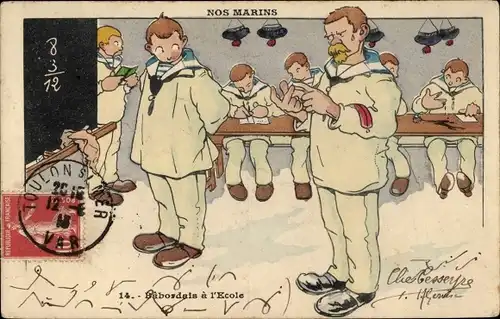 Künstler Ak Nos Marins, Matheunterricht, Schüler an der Tafel, Matheaufgabe, Marine-Schule