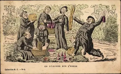 Künstler Ak Frauen machen Picknick, Essen, Alkohol, Kürbis