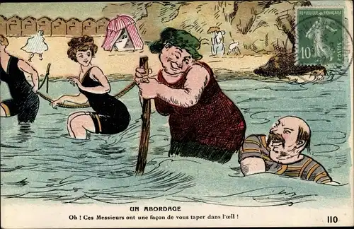 Künstler Ak Übergewichtige Frau im Wasser, Un Abordage, Strand, Schwimmen