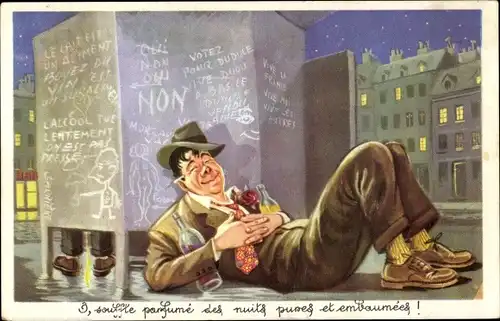 Künstler Ak Glücklicher betrunkener Mann schläft auf der Straße, Flasche, Toilette