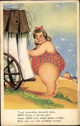 Künstler Ak Übergewichtige Dame am Wagen, Trout tremble devant moi...