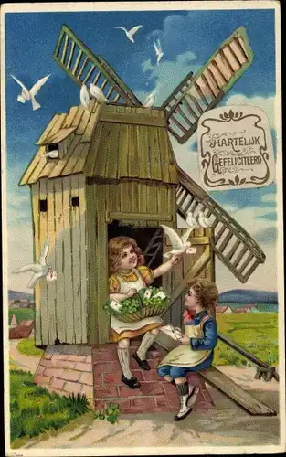 Litho Herzlichen Glückwunsch, Windmühle, Kinder, Brieftauben