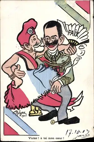 Künstler Ak Karikatur, König Vittorio Emanuele III, französischer Politiker Emile Loubet