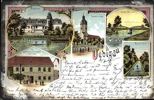 Litho Uebigau Wahrenbrück in Brandenburg, Kanal, Elsterbrücke, Stadtkirche, Schloss, Gasthaus