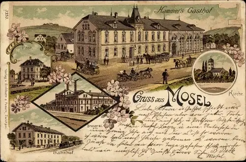 Litho Mosel Zwickau in Sachsen, Kirche, Hammer's Gasthof, Post, Brauerei, Bahnhof
